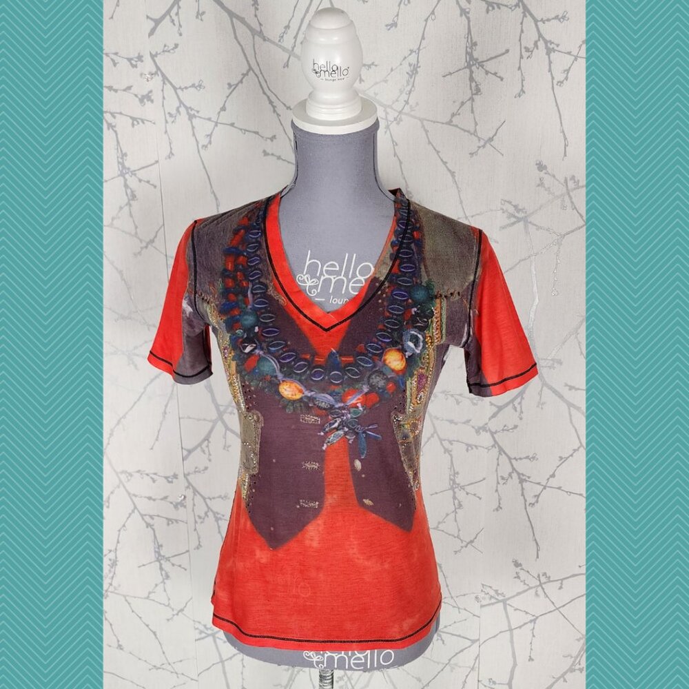 Marc Aurel Artsy Y2K Abstract Print Rhinestone V-Neck Tee